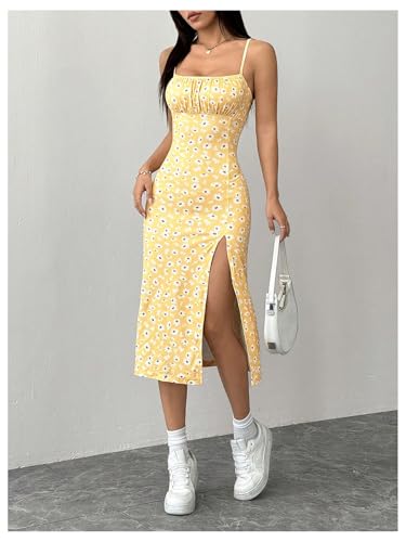 Women's Floral Spaghetti Strap Cami Dress Ruched Bust Slit Midi Dresses