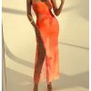 Women Floral Split Thigh Mesh Cami Dress Sexy Open Back Spaghetti Strap Maxi Dresses