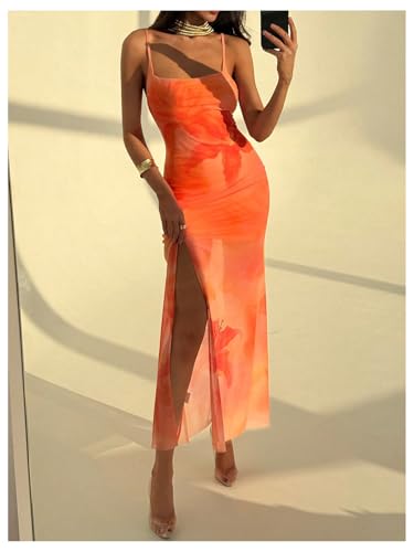 Women Floral Split Thigh Mesh Cami Dress Sexy Open Back Spaghetti Strap Maxi Dresses