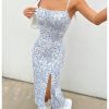 Women's Summer Ditsy Floral Print Spaghetti Strap Split Thigh Cami Midi Dress