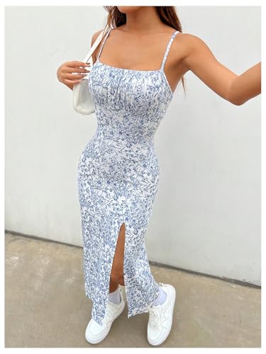 Women's Summer Ditsy Floral Print Spaghetti Strap Split Thigh Cami Midi Dress