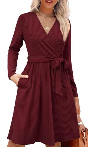 Womens 2025 Fall Dresses Teacher Church Business Casual Work Outfits Knit Midi Sweater Pockets Belt Dress