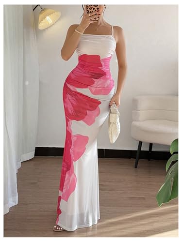 Women's Boho Floral Mesh Cami Spaghetti Strap Bodycon Maxi Summer Dresses