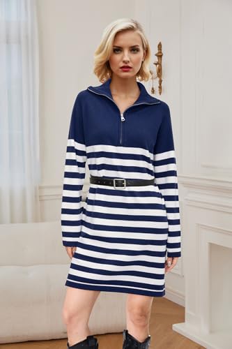 Women's Winter Sweater Dress 2024 Striped Long Sleeve Lapel Collar Chunky Knit Slouchy Oversized Sweaters