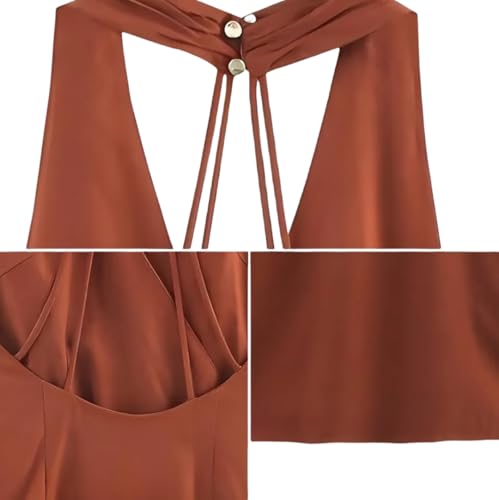 Women's Elegant Halter V Neck Sleeveless Backless Gold Embelliment High Waist A-line Long Dresses