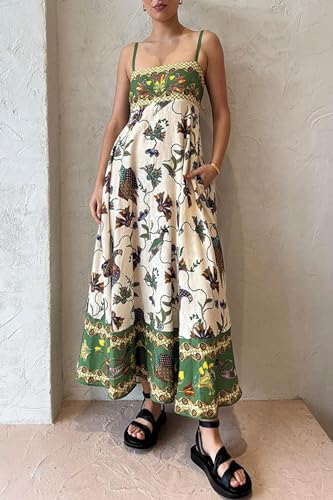 Women's Boho Floral Spaghetti Strap Long Dress Square Neck Vintage Y2k Graffiti Cami Maxi Dress