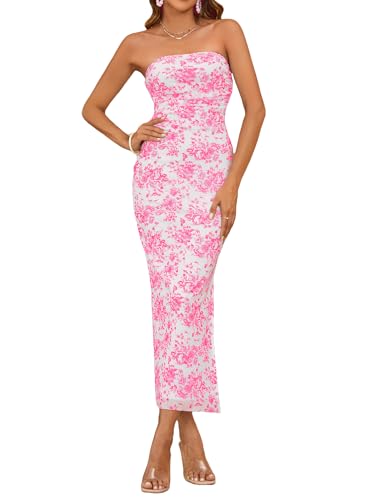 Women's Summer Disty Floral Bodycon Maxi Dress Strapless Tube Top Long Dresses Wedding Guest Party