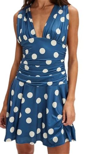 Women's Vintage Dots Sleeveless Dresses Deep V-Neck Tie-Up Back Ruched Short A-Line Tank Dress