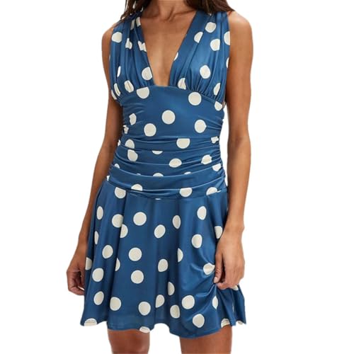 Women's Vintage Dots Sleeveless Dresses Deep V-Neck Tie-Up Back Ruched Short A-Line Tank Dress