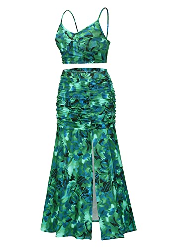 Women's Summer Floral Printed Spaghetti Strap Cami Top and Split Thigh Skirt Set Slim Fit Club Party Dress