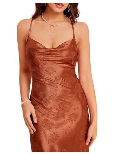 Women's Spaghetti Strap Cowl Neck Long Slip Satin Silk Midi Dress