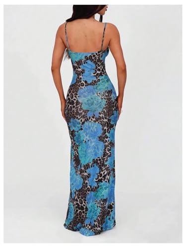 Women's Floral Leopard Maxi Cami Dress Elegant V Neck Spaghetti Strap Long Dresses