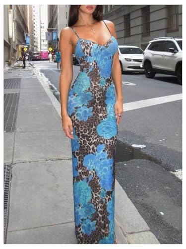 Women's Floral Leopard Maxi Cami Dress Elegant V Neck Spaghetti Strap Long Dresses