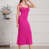 Womens Tie Shoulder Drawstring Ruched Bust Mermaid Hem Cami Slip Dress Bodycon Maxi Evening Party Dress