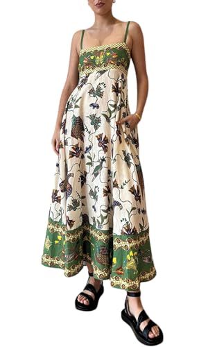 Women's Boho Floral Spaghetti Strap Long Dress Square Neck Vintage Y2k Graffiti Cami Maxi Dress