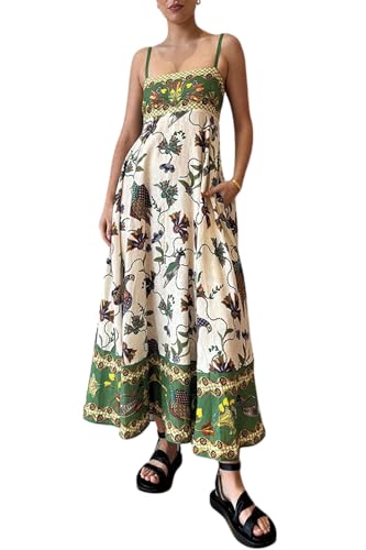 Women's Boho Floral Spaghetti Strap Long Dress Square Neck Vintage Y2k Graffiti Cami Maxi Dress