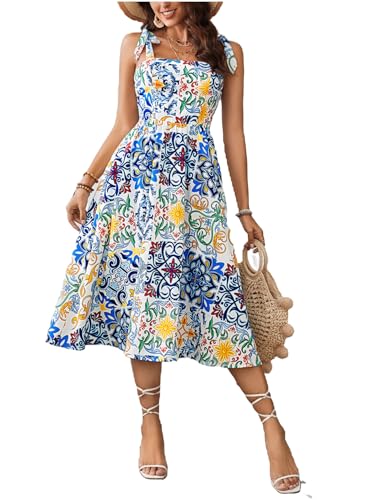 Women's Floral Print Tie Strap Square Neck Ruffle Boho Maxi Dress