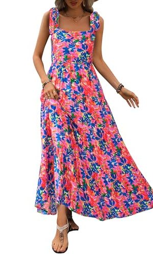 Women Dresses 2025 Summer Floral Sleeveless Maxi Dress Casual Spaghetti Strap Tiered Flowy Beach Long Dress