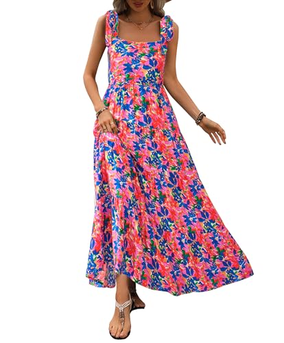 Women Dresses 2025 Summer Floral Sleeveless Maxi Dress Casual Spaghetti Strap Tiered Flowy Beach Long Dress