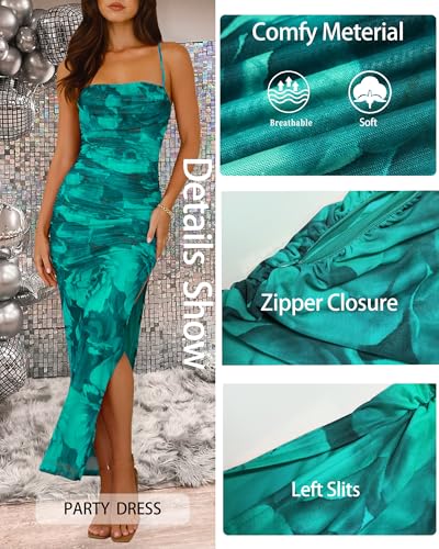 Women's Summer Maxi Dresses 2025 Bodycon Floral Sexy Spaghetti Strap Side Slit Party Cocktail Wedding Guest Mesh Long Dress