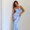 Women Vintage Spaghetti Strap Maxi Dress Sexy Low Cut Backless Floral Satin Slip Long Dress Y2k Cami Bodycon Dresses