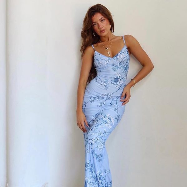 Women Vintage Spaghetti Strap Maxi Dress Sexy Low Cut Backless Floral Satin Slip Long Dress Y2k Cami Bodycon Dresses