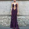 Women's Furry Halter Dress - Hollow Camisole Split Wave Prom Gown