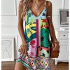 Women's Floral Print Cami Dress Spaghetti Strap V Neck Tunic Dress