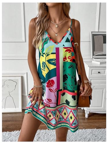 Women's Floral Print Cami Dress Spaghetti Strap V Neck Tunic Dress