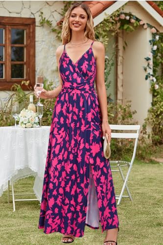 Women Summer 2025 Maxi Dress Vacation Floral Spaghetti Strap Spring Casual Boho Split Beach Long Flowy Sundress