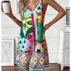 Women's Floral Print Cami Dress Spaghetti Strap V Neck Tunic Dress