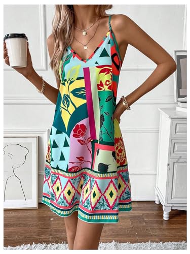 Women's Floral Print Cami Dress Spaghetti Strap V Neck Tunic Dress