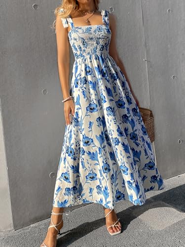 Women's Summer Floral Dresses 2025 Beach Vacation Casual Blue and White Long Maxi Sundresses
