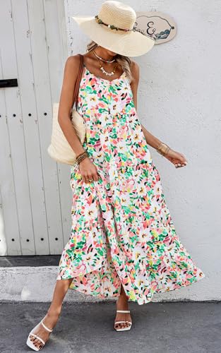 Women Summer Dresses 2025 Spaghetti Strap Scoop Neck Floral Maxi Dress Flowy Boho Long Sundress with Pockets