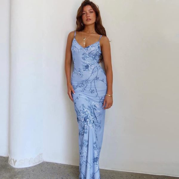 Women Vintage Spaghetti Strap Maxi Dress Sexy Low Cut Backless Floral Satin Slip Long Dress Y2k Cami Bodycon Dresses