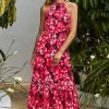 Womens 2025 Summer Vacation Outfits Halter Neck Floral Tiered Ruffled Flowy Casual Beach Boho Long Maxi Dress