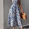 Women's Floral Print Tie Strap Square Neck Ruffle Boho Maxi Dress