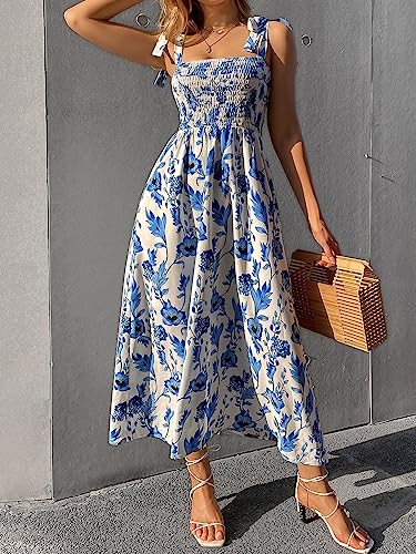 Women's Floral Print Tie Strap Square Neck Ruffle Boho Maxi Dress