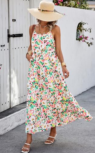 Women Summer Dresses 2025 Spaghetti Strap Scoop Neck Floral Maxi Dress Flowy Boho Long Sundress with Pockets
