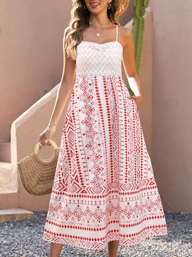 Women's Floral Print Maxi Dress,Spaghetti Strap Smocked Bodice A-Line Sundress with Pockets