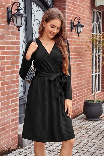 Womens 2025 Fall Dresses Teacher Church Business Casual Work Outfits Knit Midi Sweater Pockets Belt Dress