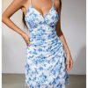 Women Boho Floral Ruched V Neck Cami Mini Dress Lettuce Trim Spaghetti Strap Short Dress