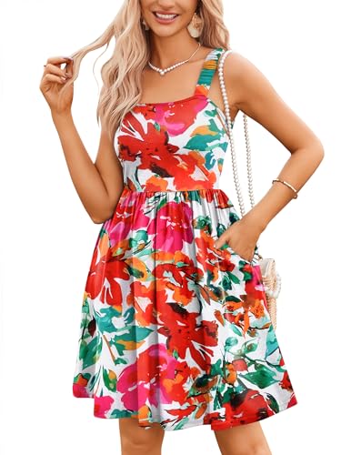 Women's Summer Dress Floral Square Neck Sleeveless Casual Dress with Pockets A-line Swing Mini Dresses Sundress