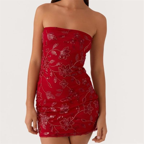 Women's Y2k Beaded Floral Dress Slim Sparkly Sequins Sleeveless Mini Bodycon Dress