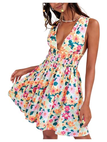 Women's Cut Out Backless Sleeveless Shirred Floral A Line Short Dress