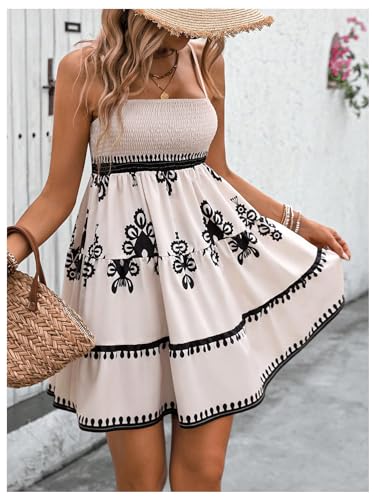 Women's Floral Short Cami Dress Spaghetti Strap Ruffle Shirred Boho Dresses