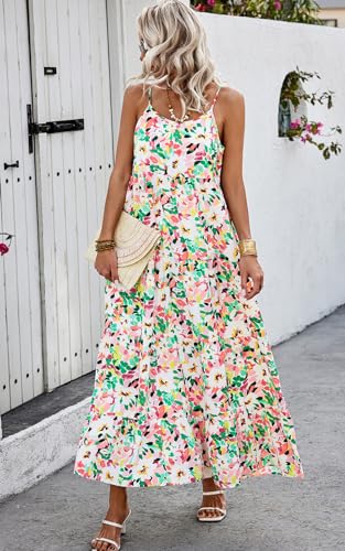 Women Summer Dresses 2025 Spaghetti Strap Scoop Neck Floral Maxi Dress Flowy Boho Long Sundress with Pockets