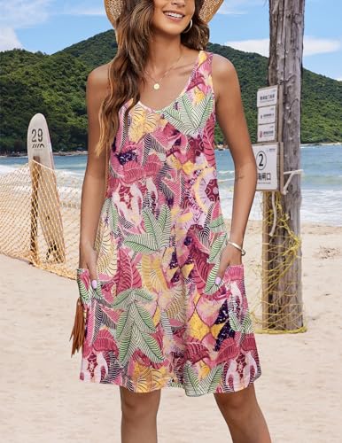 Women's Casual Sundress with Pockets Summer Beach Dress Floral T-Shirts Dress V Neck Loose Tank Dresses