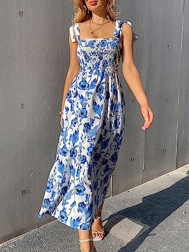Women's Summer Floral Dresses 2025 Beach Vacation Casual Blue and White Long Maxi Sundresses