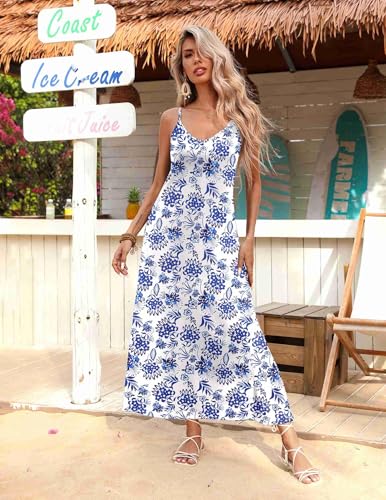 Womens Summer Maxi Dress Spaghetti Strap Casual Printed Dress Boho Floral Beach Sundress,